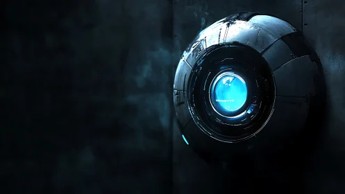Orbital sentry eye glows in a shadowed industrial vault.