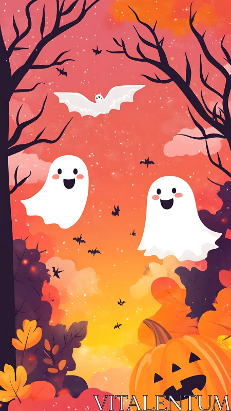 Playful ghosts and bat in bright Halloween sunset sky.
