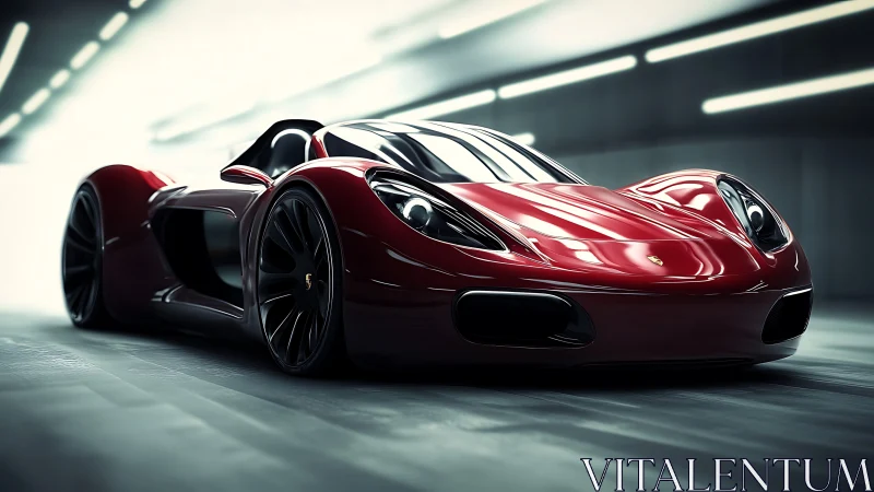 Futuristic red supercar rendered in glossy tunnel light.