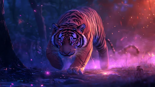 Bioluminescent-lit tiger advances through fog with cinematic rim light