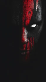 Half-shadow warrior with glowing gaze and scarlet paint.