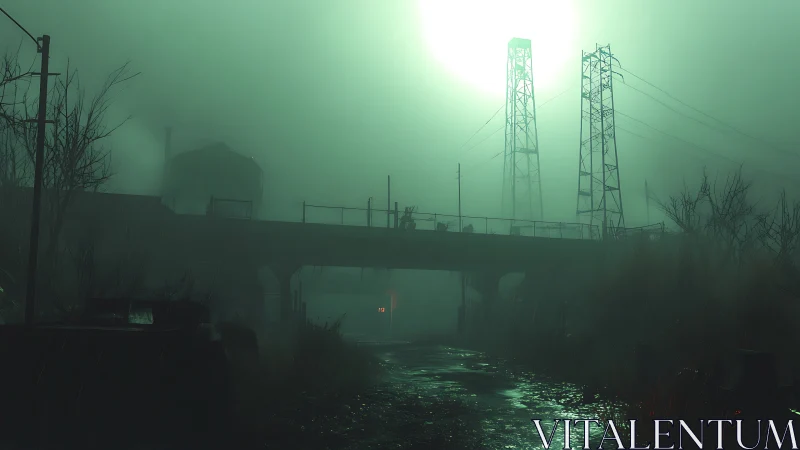 Foggy overpass with power pylons above a wet roadway