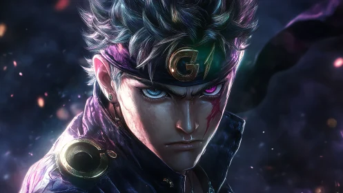 Brooding anime warrior glares through swirling neon embers