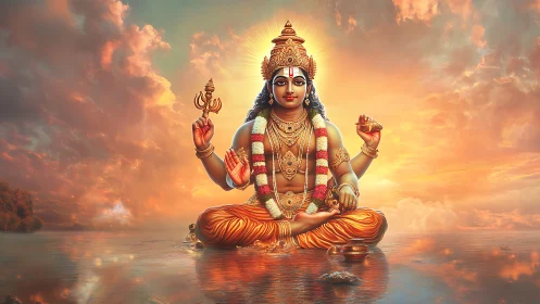 Hindu deity seated over reflective water under radiant sky
