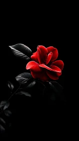 Red Rose Bloom with Dark Green Foliage Against Black Background