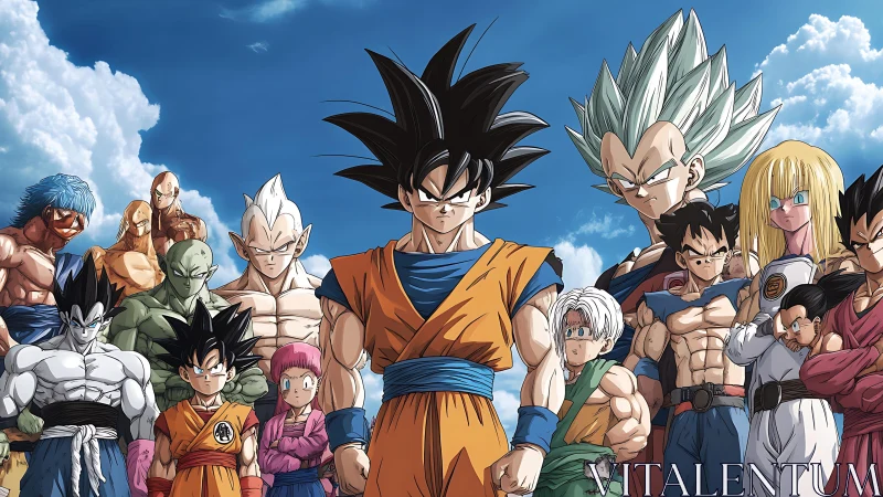 Group portrait of determined anime warriors under sky.