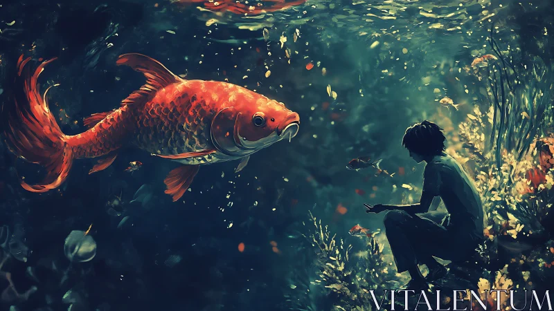 Underwater scene with large orange fish and seated figure.