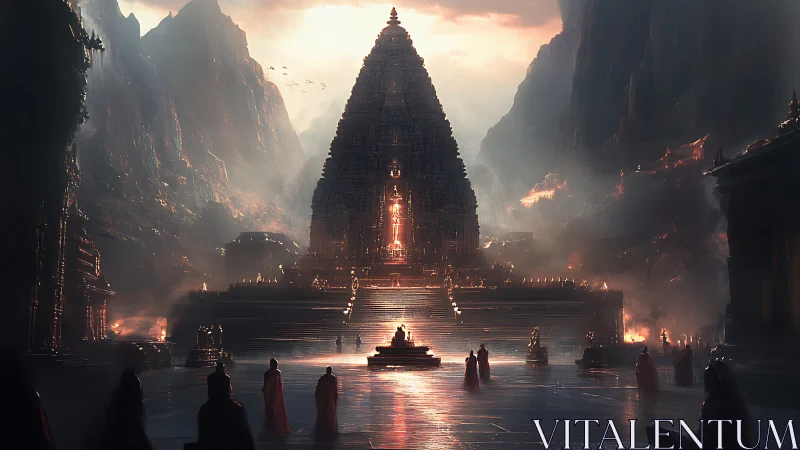 Ancient mountain temple glows with mystic dusk firelight.