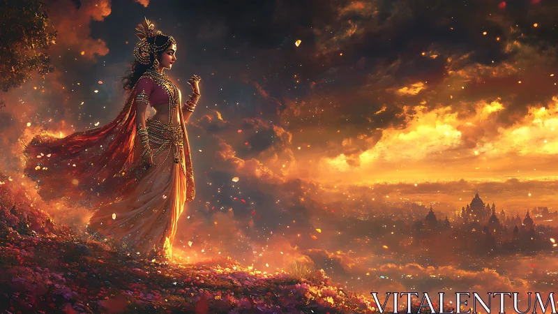 Twilight goddess strolling above a glowing dream city.