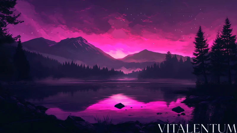 Mountain lake at dusk with magenta sky reflection.
