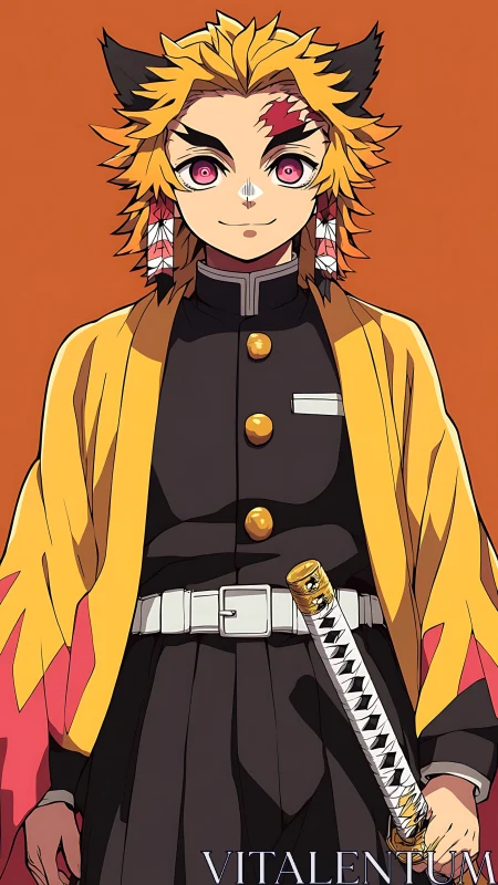 Confident anime swordsman in uniform with bright colors.
