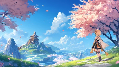 Anime girl observes distant pagoda across bright valley