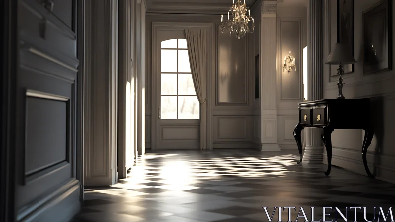Sunlit neoclassical hallway captures quiet morning elegance