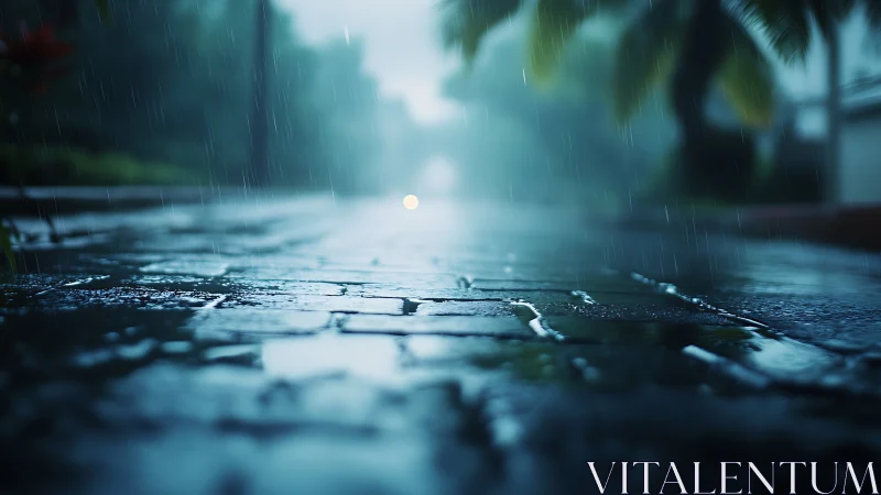 Rain-soaked street dreaming in blue twilight hush.