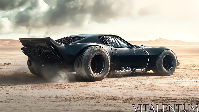 Modified black muscle car is positioned on arid desert terrain