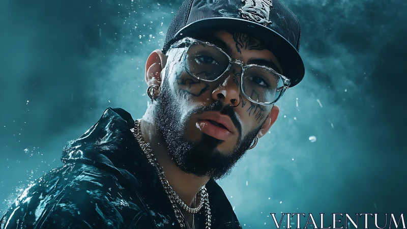 Tattooed man in streetwear under cinematic teal haze.