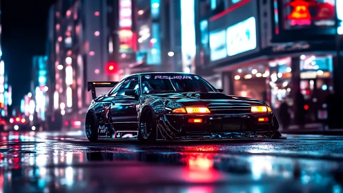 Neon-soaked street racer idling in futuristic city nightscape.
