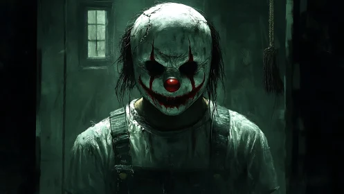 Sinister clown figure looms in a dim, decrepit room