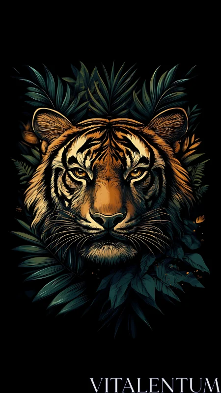 Tiger head is centered within dense stylized foliage on black