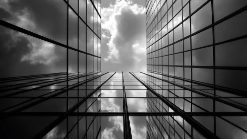 Glass towers reflect storm clouds in stark symmetry.