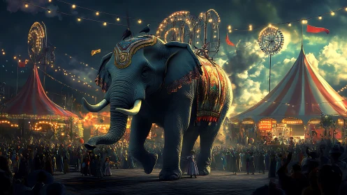 Majestic carnival elephant strides beneath enchanted lights.