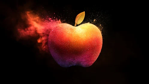 3D chromatic apple with dynamic color-burst dispersion.