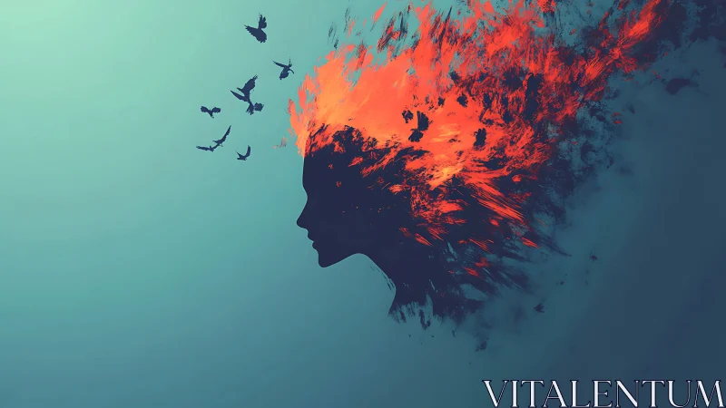 Silhouette of fiery thoughts drifting into open sky.