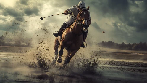Polo player drives horse forward through wet sand spray