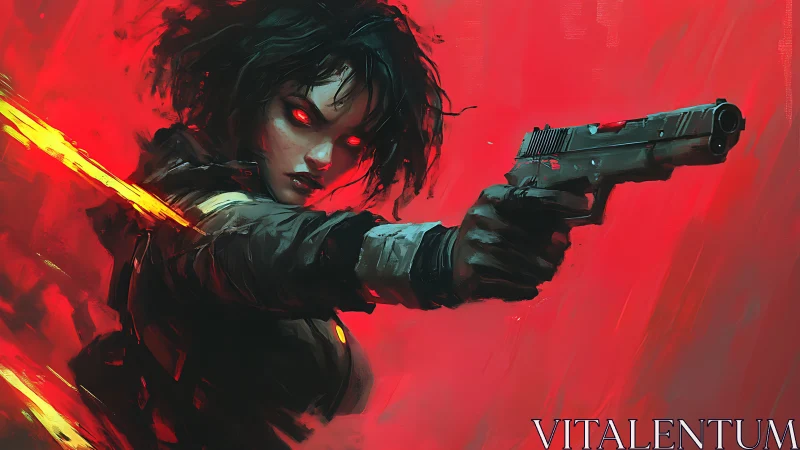 Figure holding handgun is rendered against saturated red field