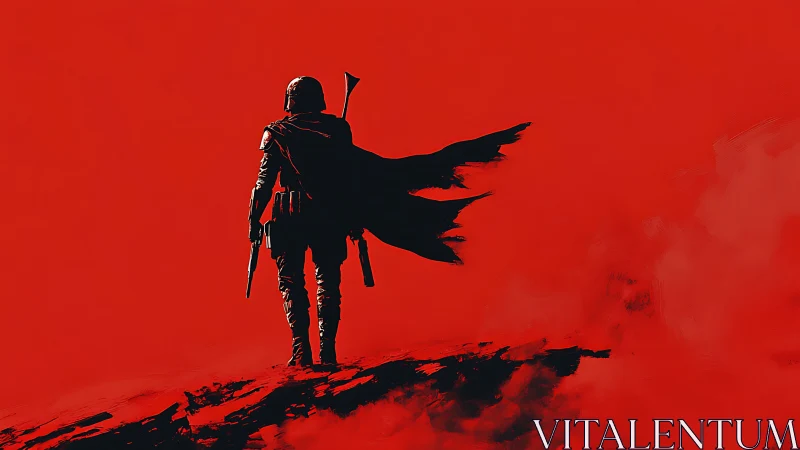 Lone armored wanderer slices a black silhouette through red