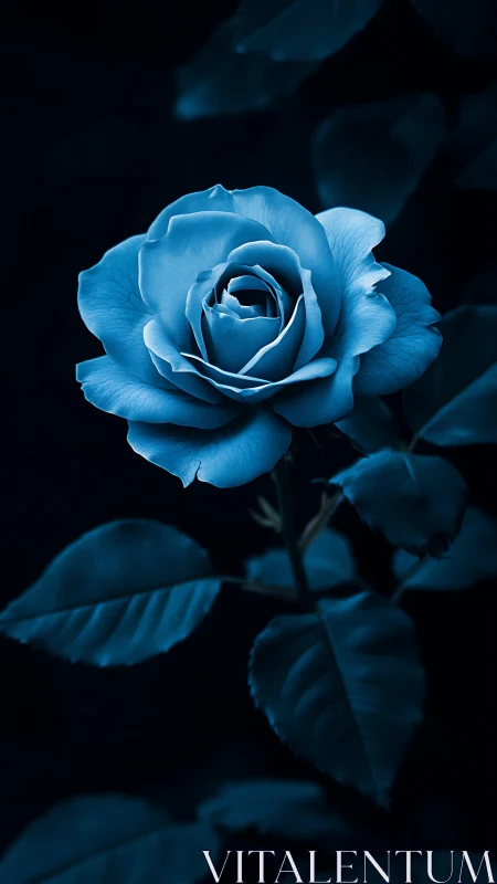 Midnight's Velvet Bloom: Cyan Rose Glowing Against Obsidian Night