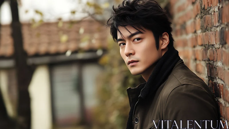 Man in brown jacket leaning against outdoor brick wall.