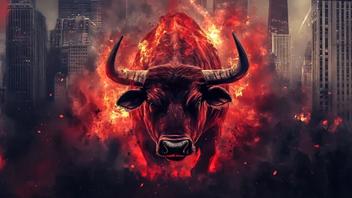 Fiery bull charging through a glowing city skyline scene.