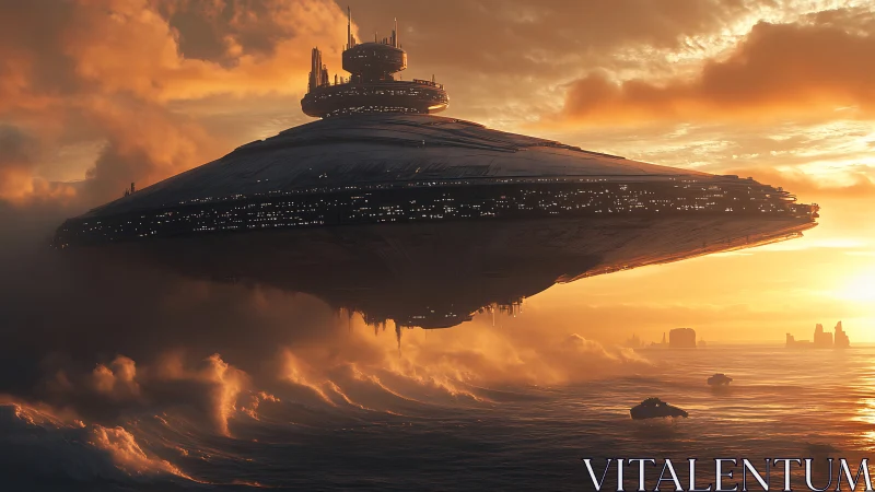 Sunset starship drifting gently above a glowing ocean.