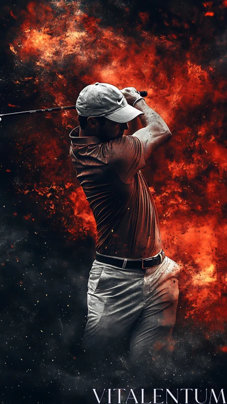 Golfer in explosive swing framed by fiery particle clouds.