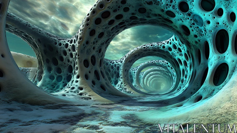 Tunnel-like turquoise structures form perforated looping arches