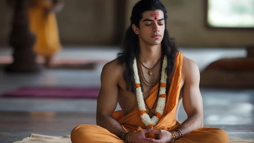 Young monk in serene meditation within a tranquil ashram hall