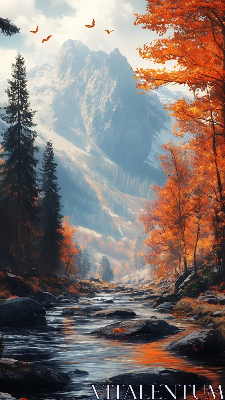 Mountain river cuts through vivid autumn forest valley