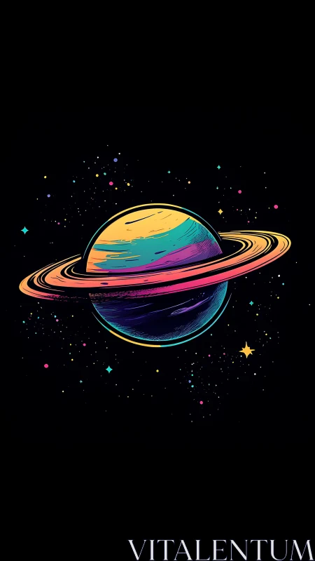 Chromatic ringed planet rendered with neon vector gradients