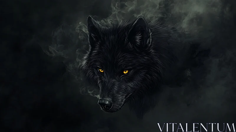 Luminous-eyed black wolf emerging from volumetric shadowed smoke.