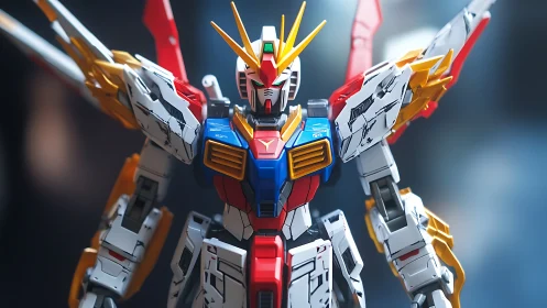 Colorful mecha hero model posed in bright cinematic light.