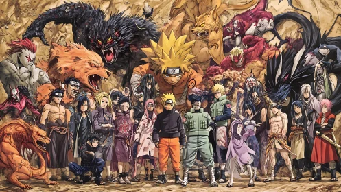 Tailed beast legends gather behind resolute shinobi line.