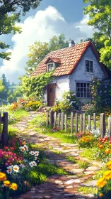 Sunlit cottage path winding through a joyful flower garden.