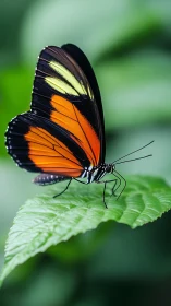 Macro study of orange-black butterfly perched on leaf