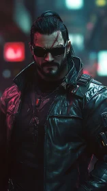 Cyberpunk man in leather jacket stands in neon city alley