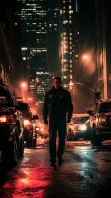 Lone night patrol strides through neon soaked city canyon.