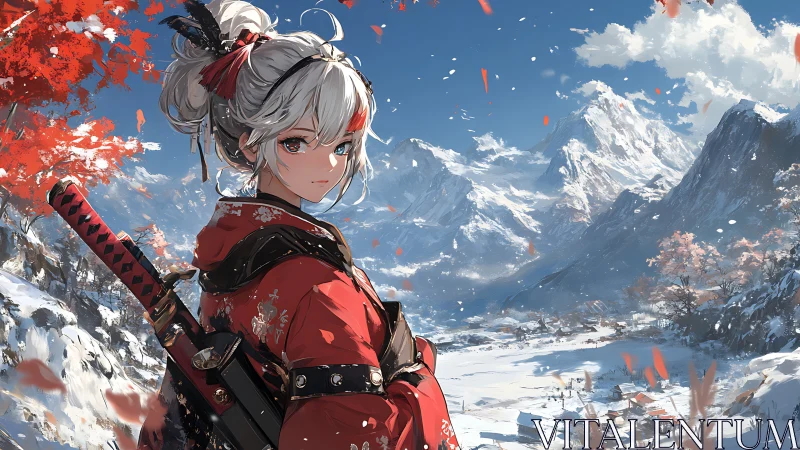 Samurai girl surveys snowy valley under bright winter sky