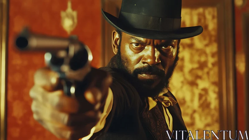 Grit-eyed gunslinger aims justice through molten lamplight.