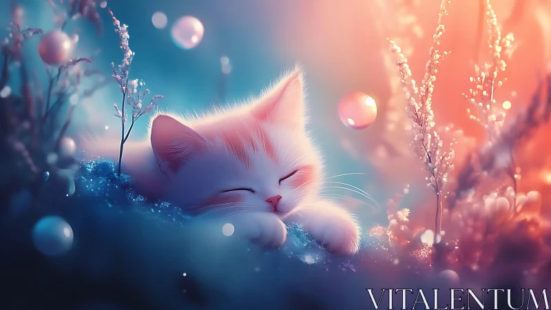 Sleeping White Kitten in Magical Garden Light.