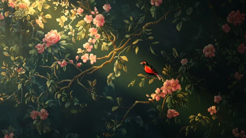 Scarlet songbird rests on sunlit branch among pink blossoms